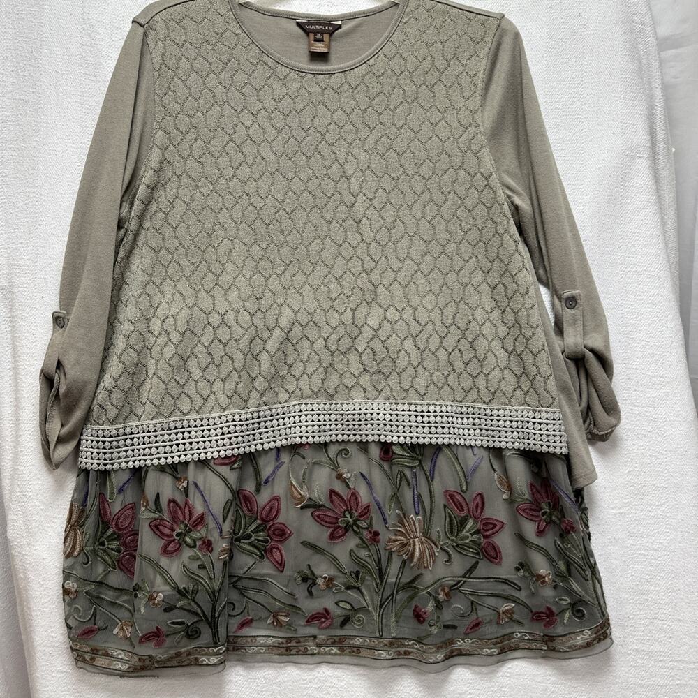 Multiples Floral Womens xl Tunic Top Embroidered Mesh Lined Roll Long Sleeve